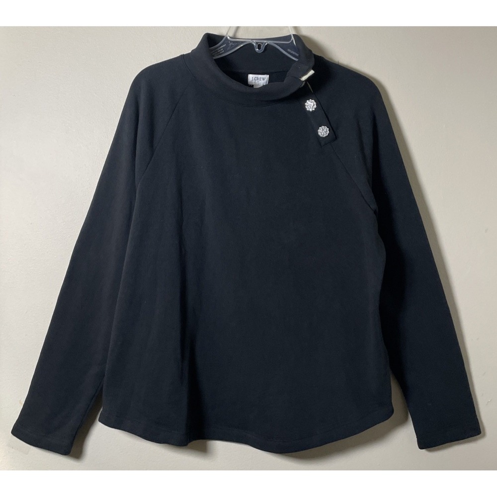 J.Crew Shirt Womens L Black Mock Neck Long Sleeve Fleece Rhinestone Button Top